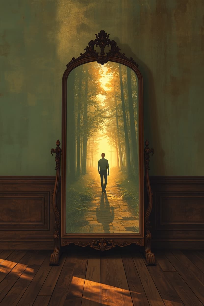 An antique standing mirror reflecting a sunlit forest path